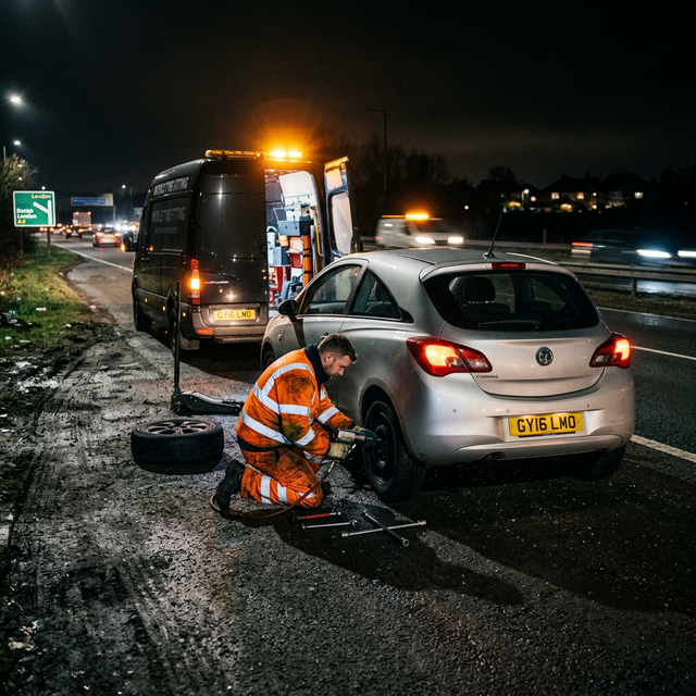 Mechanic changing tyre on a mid-range car at night